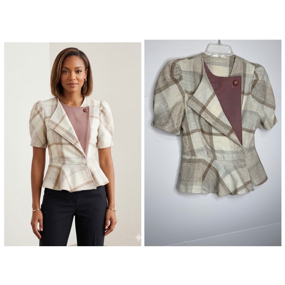 Vtg Buffalo Plaid Puff Sleeve Wrap Peplum Top XS Light Academia Career Old Money